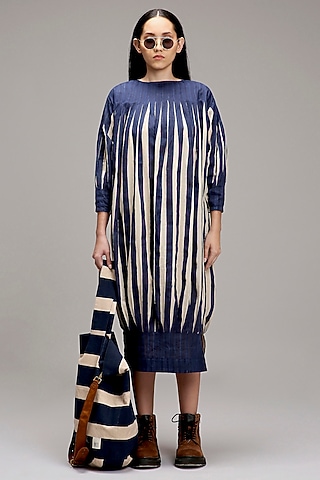 Off-White & Blue Handwoven Cotton Hand-Block Printed Dress by Mati