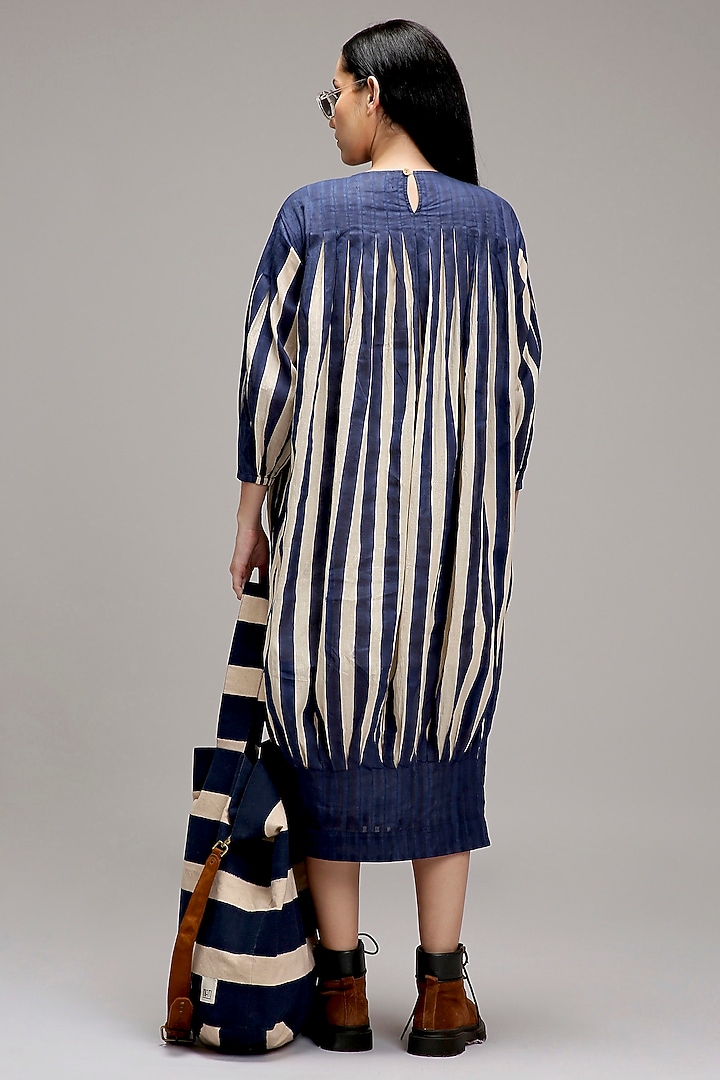 Off-White & Blue Handwoven Cotton Hand-Block Printed Vacation Dress by Mati at Pernia's Pop Up Shop