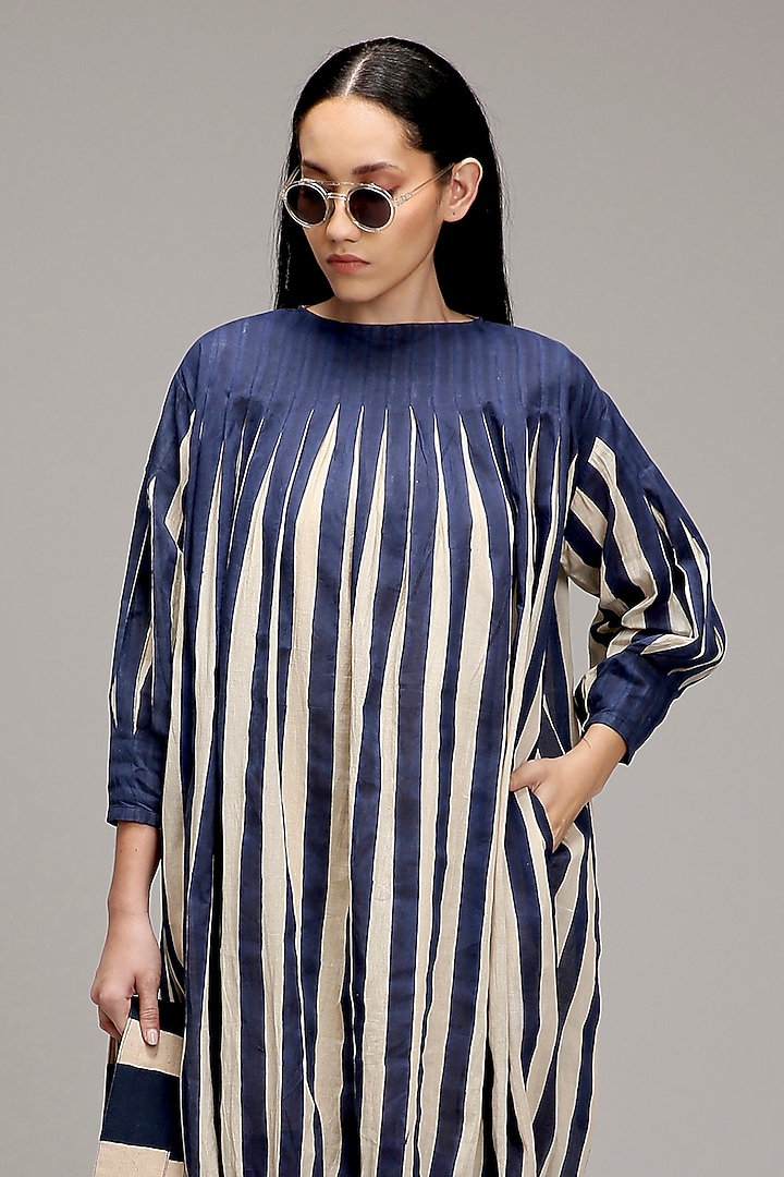 Off-White & Blue Handwoven Cotton Hand-Block Printed Vacation Dress by Mati at Pernia's Pop Up Shop