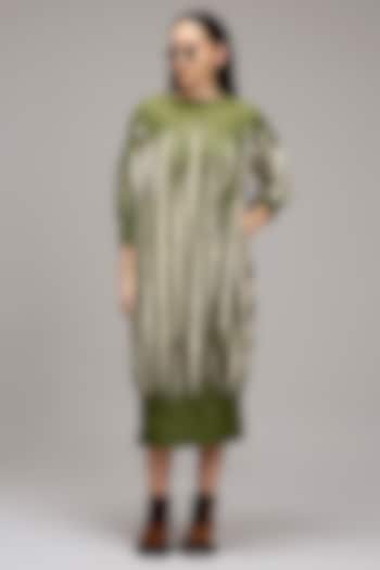 Off-White & Green Handwoven Cotton Hand-Block Printed Vacation Dress by Mati at Pernia's Pop Up Shop