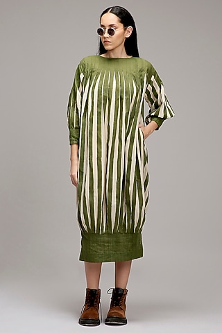 Off-White & Green Handwoven Cotton Hand-Block Printed Dress by Mati