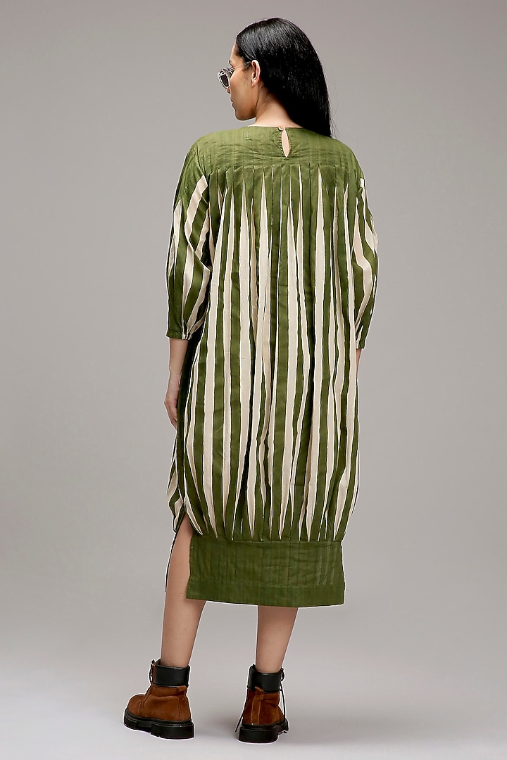 Off-White & Green Handwoven Cotton Hand-Block Printed Vacation Dress by Mati at Pernia's Pop Up Shop