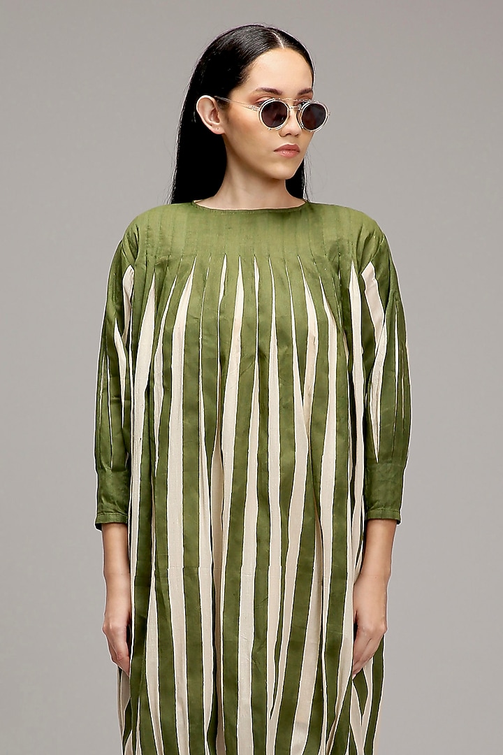 Off-White & Green Handwoven Cotton Hand-Block Printed Vacation Dress by Mati at Pernia's Pop Up Shop