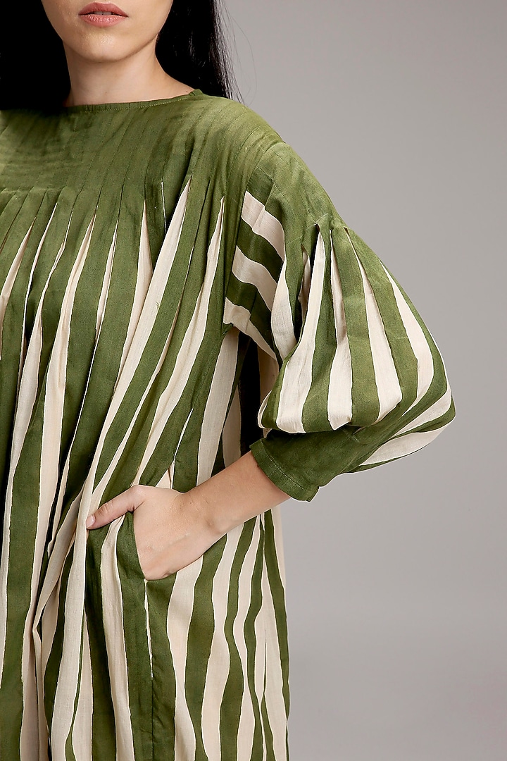 Off-White & Green Handwoven Cotton Hand-Block Printed Vacation Dress by Mati at Pernia's Pop Up Shop