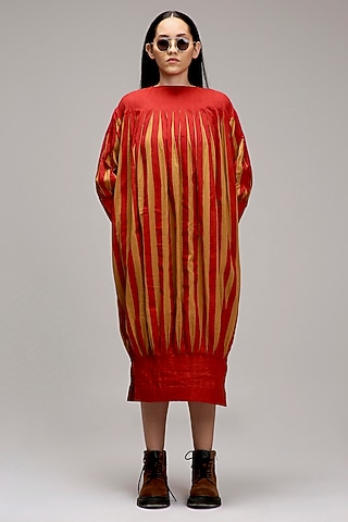 Tan-Brown Handwoven Cotton Hand-Block Printed Dress by Mati