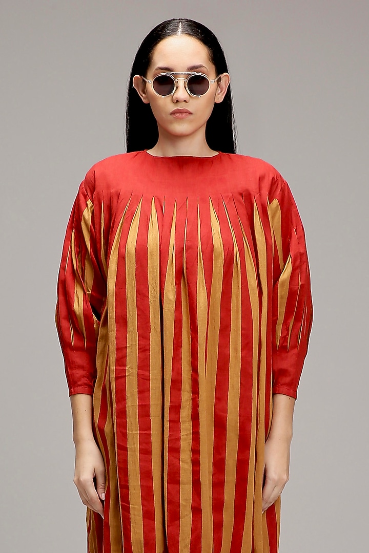 Tan-Brown Handwoven Cotton Hand-Block Printed Vacation Dress by Mati at Pernia's Pop Up Shop