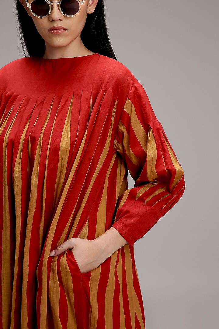 Tan-Brown Handwoven Cotton Hand-Block Printed Vacation Dress by Mati at Pernia's Pop Up Shop