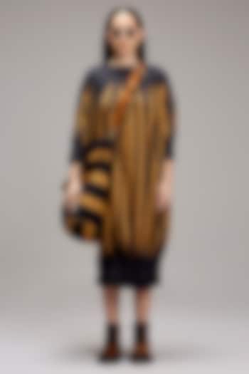 Tan-Brown & Blue Handwoven Cotton Hand-Block Printed Vacation Dress by Mati at Pernia's Pop Up Shop