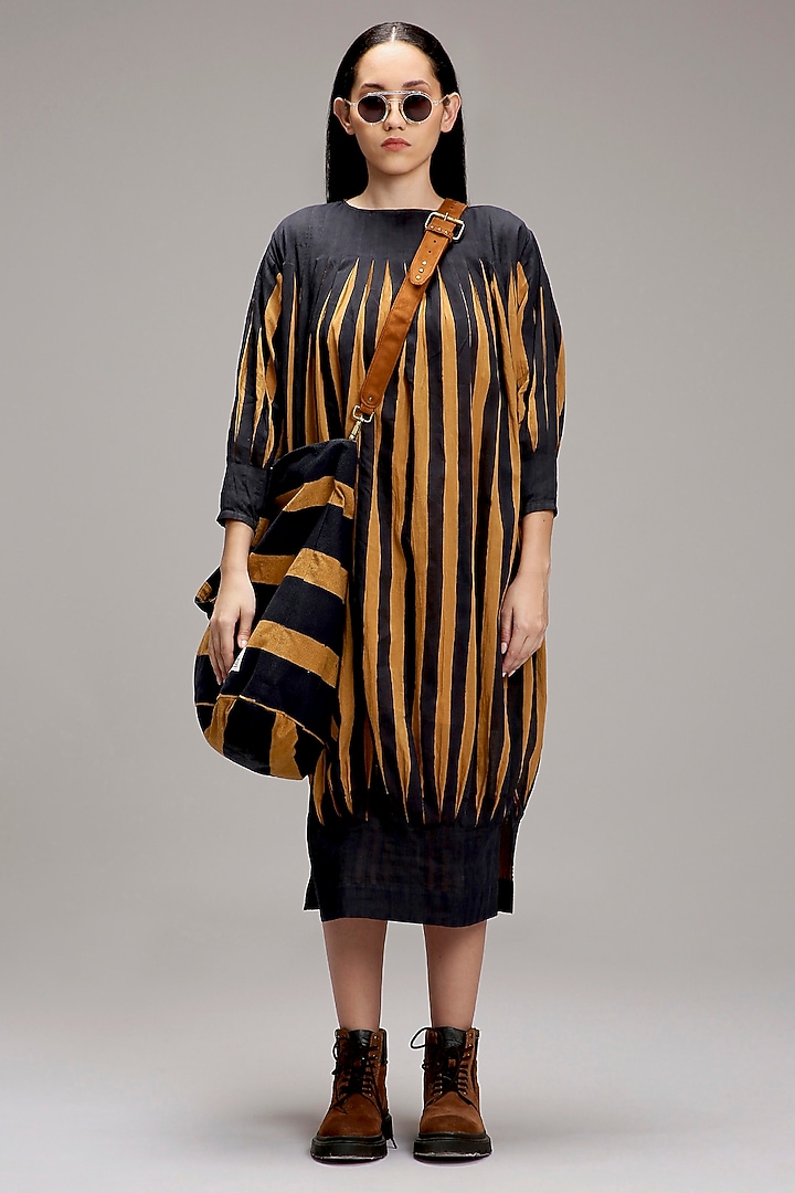 Tan-Brown & Blue Handwoven Cotton Hand-Block Printed Vacation Dress by Mati at Pernia's Pop Up Shop