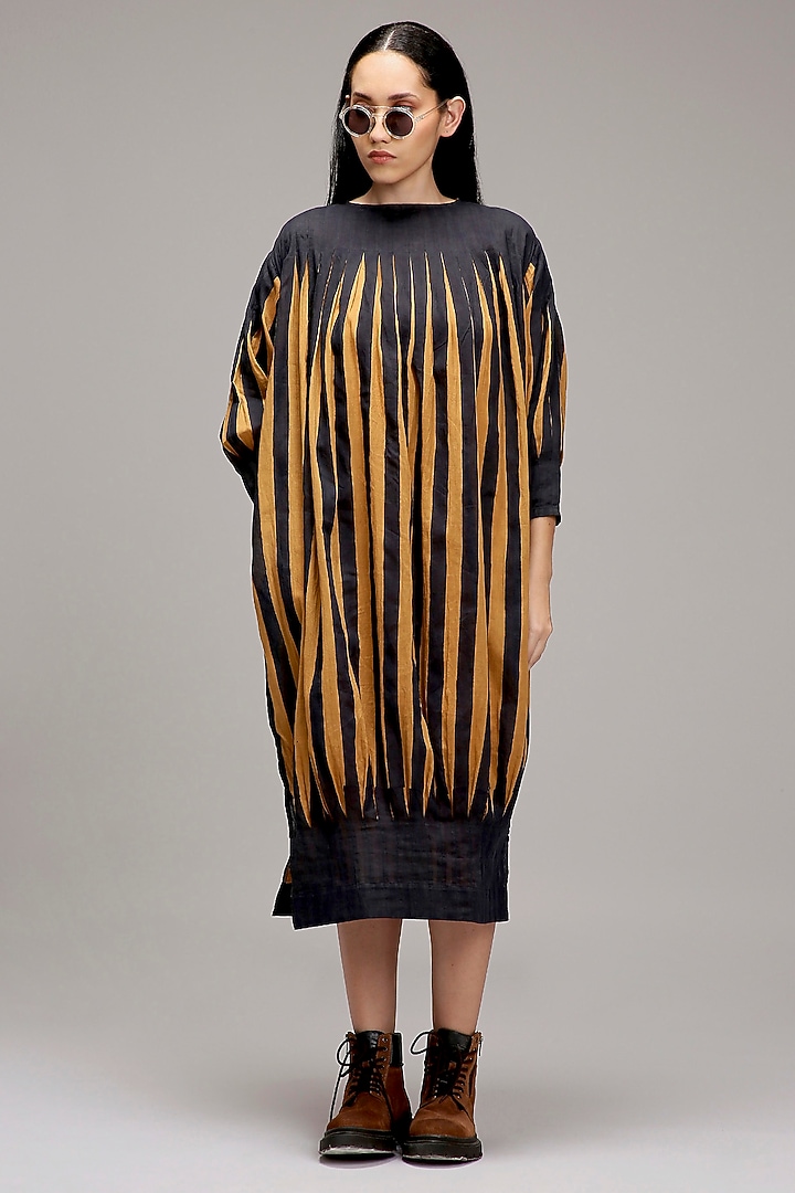 Tan-Brown & Blue Handwoven Cotton Hand-Block Printed Vacation Dress by Mati at Pernia's Pop Up Shop