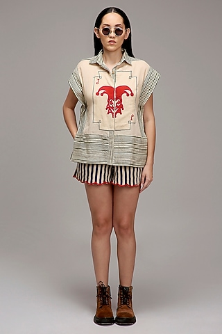 Off-White & Blue Cotton Printed Shorts by Mati