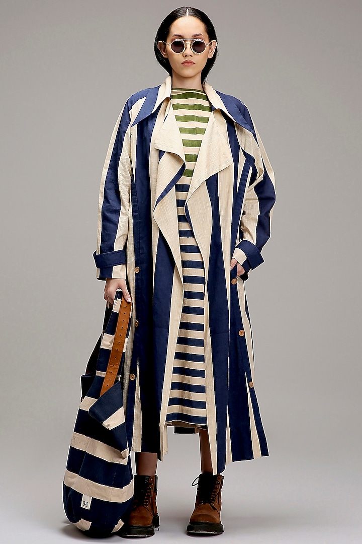 Off-White Cotton Hand Block Printed Trench Jacket by Mati at Pernia's Pop Up Shop