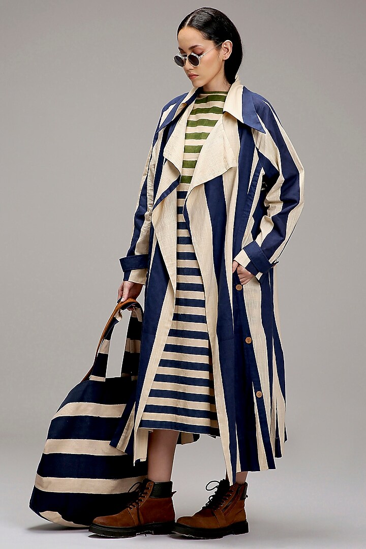 Off-White Cotton Hand Block Printed Trench Jacket by Mati at Pernia's Pop Up Shop