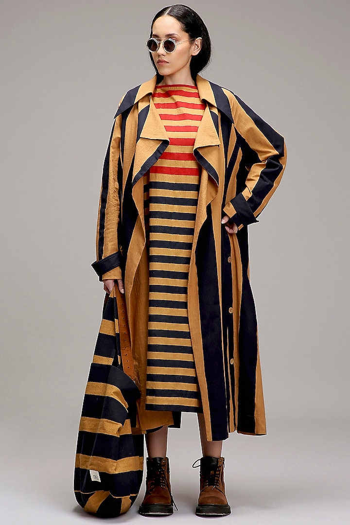 Tan Brown Cotton Hand Block Printed Trench Jacket by Mati at Pernia's Pop Up Shop