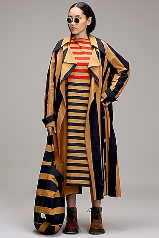 Tan Brown Cotton Hand Block Printed Trench Jacket by Mati