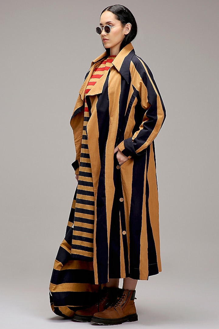 Tan Brown Cotton Hand Block Printed Trench Jacket by Mati at Pernia's Pop Up Shop