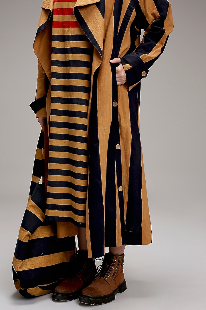 Tan Brown Cotton Hand Block Printed Trench Jacket by Mati at Pernia's Pop Up Shop