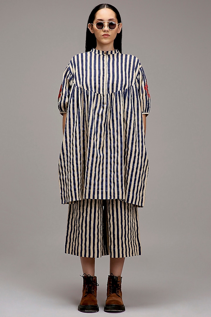 Off-White Handspun Cotton Stripe Handblock Printed Tunic by Mati at Pernia's Pop Up Shop