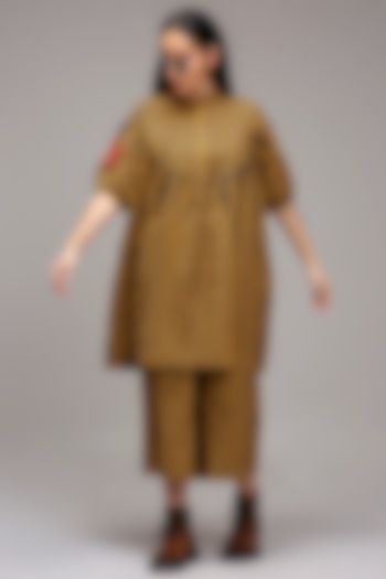 Tan-Brown Handspun Cotton Stripe Handblock Printed Tunic by Mati at Pernia's Pop Up Shop