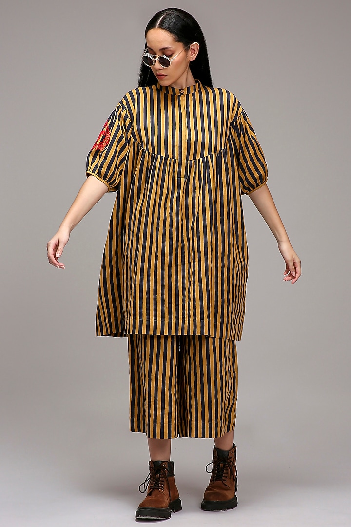 Tan-Brown Handspun Cotton Stripe Handblock Printed Tunic by Mati at Pernia's Pop Up Shop