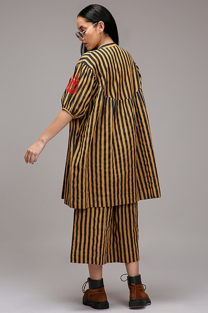 Tan-Brown Handspun Cotton Stripe Handblock Printed Tunic by Mati at Pernia's Pop Up Shop