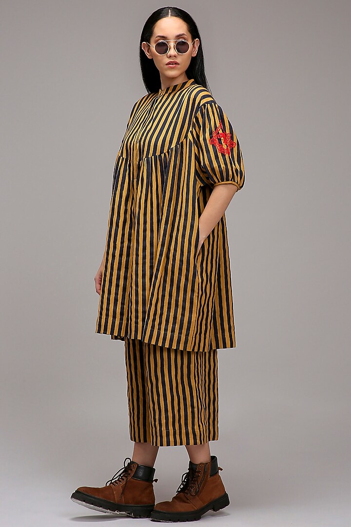 Tan-Brown Handspun Cotton Stripe Handblock Printed Tunic by Mati at Pernia's Pop Up Shop