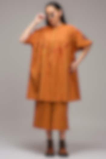 Tan-Brown Handspun Cotton Stripe Handblock Printed Tunic by Mati at Pernia's Pop Up Shop