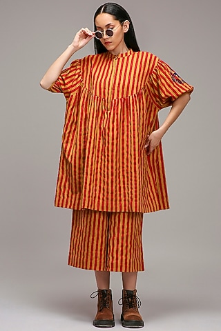 Tan-Brown Handspun Cotton Stripe Handblock Printed Tunic by Mati