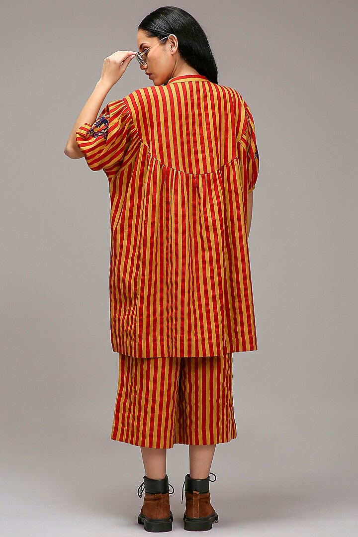 Tan-Brown Handspun Cotton Stripe Handblock Printed Tunic by Mati at Pernia's Pop Up Shop