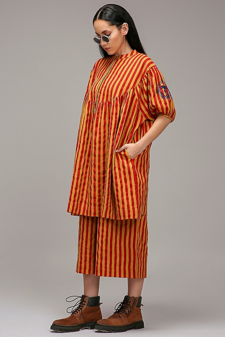 Tan-Brown Handspun Cotton Stripe Handblock Printed Tunic by Mati at Pernia's Pop Up Shop