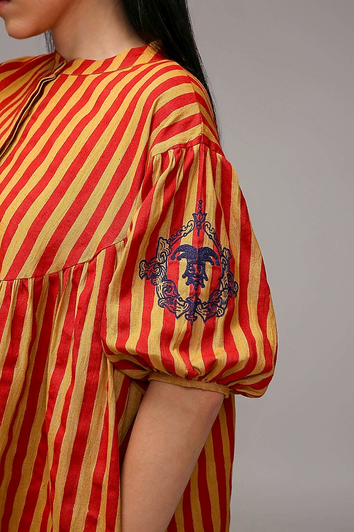 Tan-Brown Handspun Cotton Stripe Handblock Printed Tunic by Mati at Pernia's Pop Up Shop