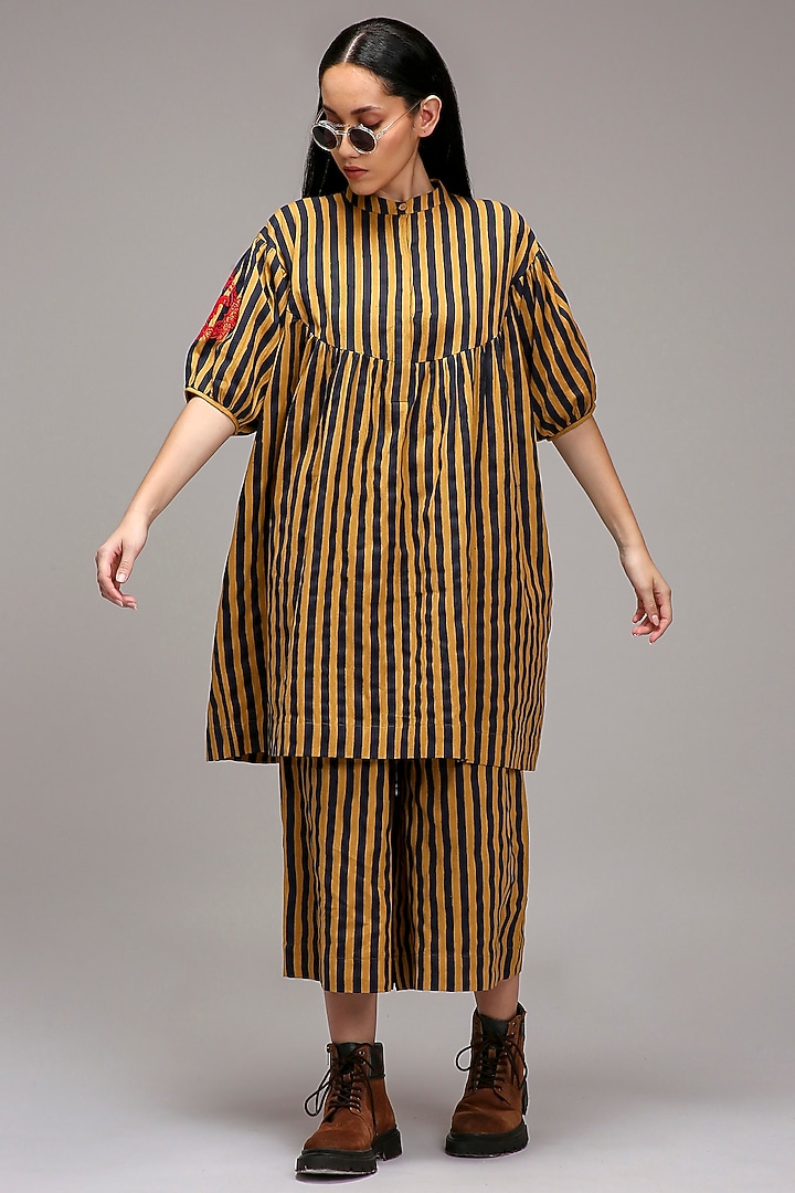 Tan Brown Handspun Cotton Stripe Printed Tunic Set by Mati at Pernia's Pop Up Shop