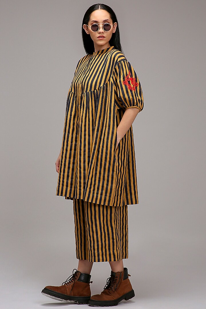 Tan Brown Handspun Cotton Stripe Printed Tunic Set by Mati at Pernia's Pop Up Shop