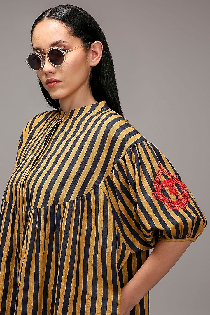 Tan Brown Handspun Cotton Stripe Printed Tunic Set by Mati at Pernia's Pop Up Shop
