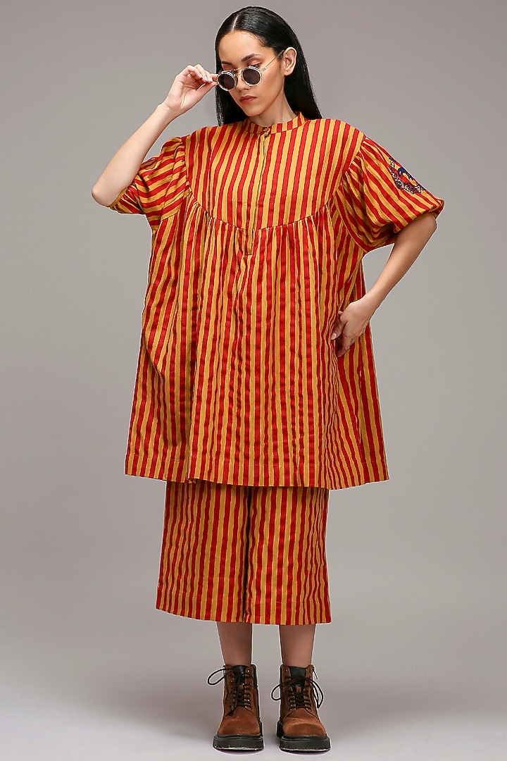Tan Brown Handspun Cotton Stripe Printed Tunic Set by Mati at Pernia's Pop Up Shop