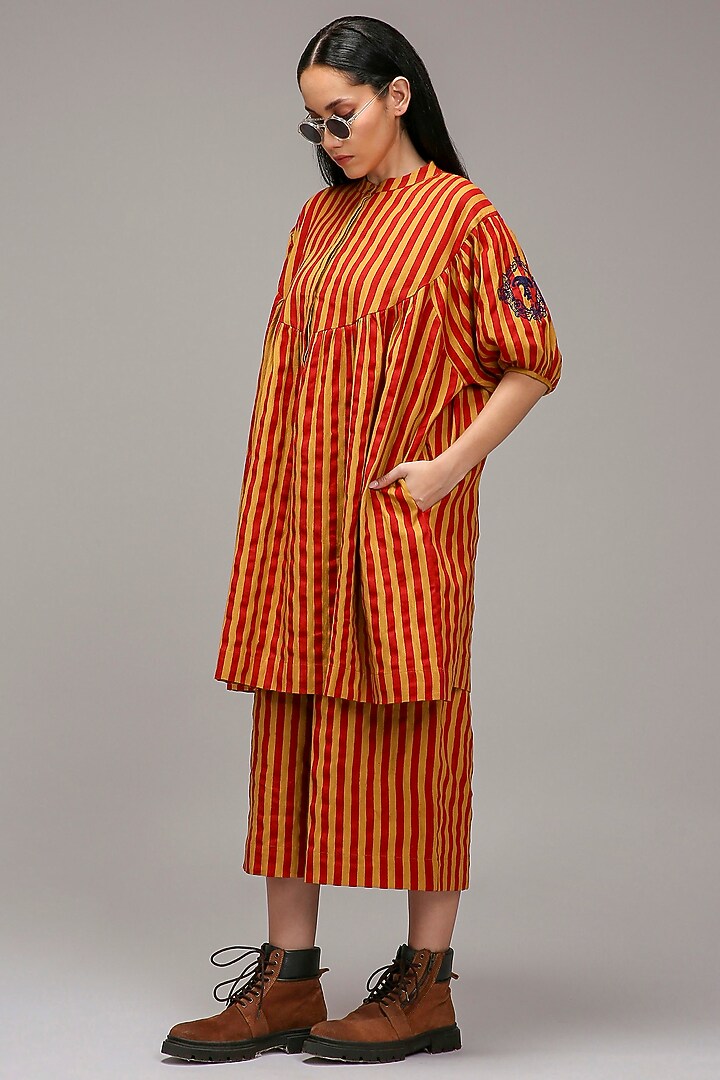 Tan Brown Handspun Cotton Stripe Printed Tunic Set by Mati at Pernia's Pop Up Shop