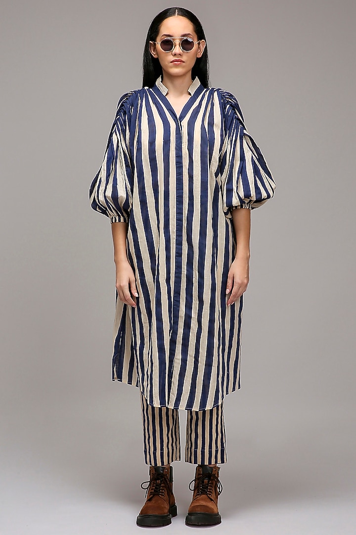Off-White Handwoven Cotton Stripe Printed Tunic With Bralette by Mati at Pernia's Pop Up Shop