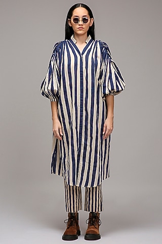 Off-White Handwoven Cotton Stripe Printed Tunic With Bralette by Mati