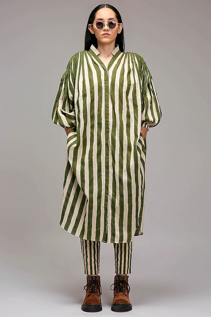 Off-White Handwoven Cotton Stripe Printed Tunic With Bralette by Mati at Pernia's Pop Up Shop