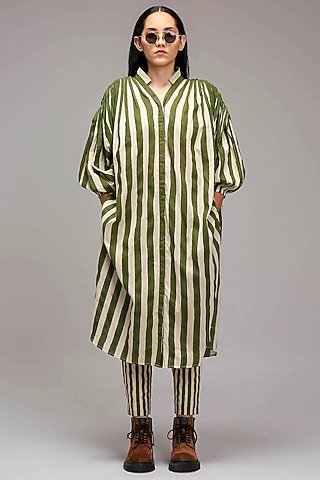 Off-White Handwoven Cotton Stripe Printed Tunic With Bralette by Mati