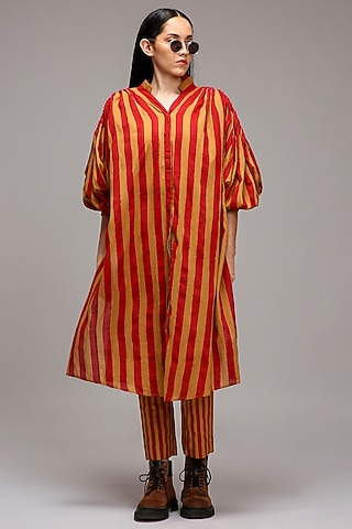 Tan Brown Handwoven Cotton Stripe Printed Tunic With Bralette by Mati