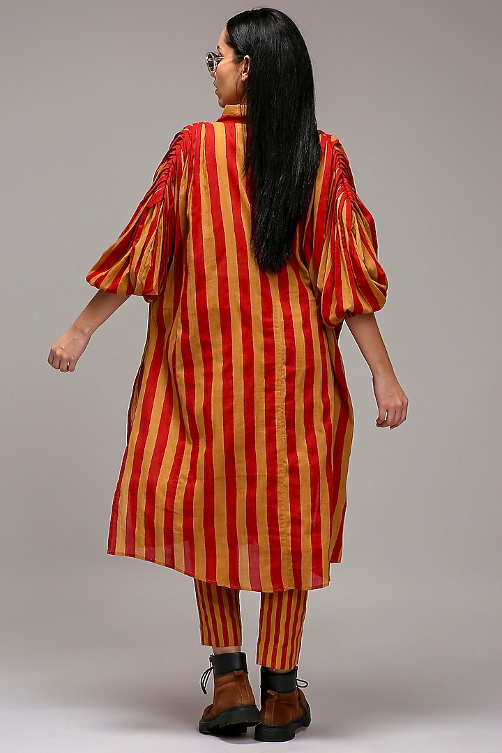 Tan Brown Handwoven Cotton Stripe Printed Tunic With Bralette by Mati at Pernia's Pop Up Shop