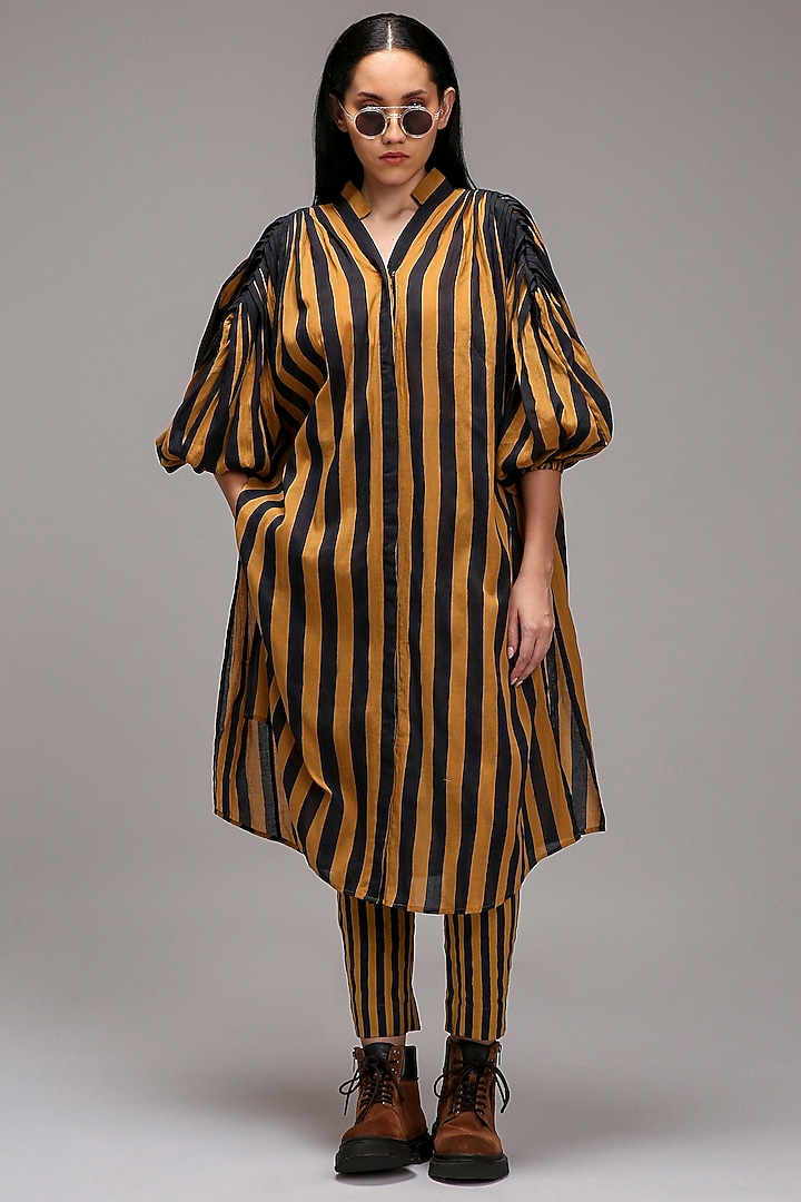Tan Brown Handwoven Cotton Stripe Printed Tunic With Bralette by Mati at Pernia's Pop Up Shop