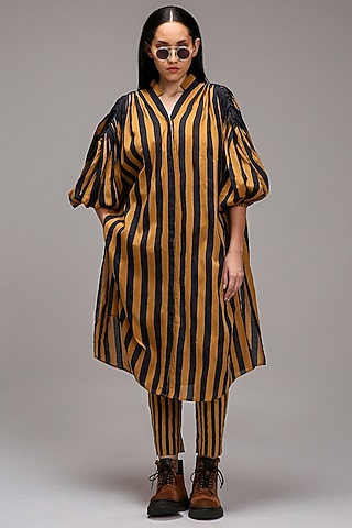 Tan Brown Handwoven Cotton Stripe Printed Tunic With Bralette by Mati