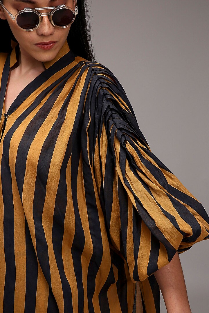 Tan Brown Handwoven Cotton Stripe Printed Tunic With Bralette by Mati at Pernia's Pop Up Shop