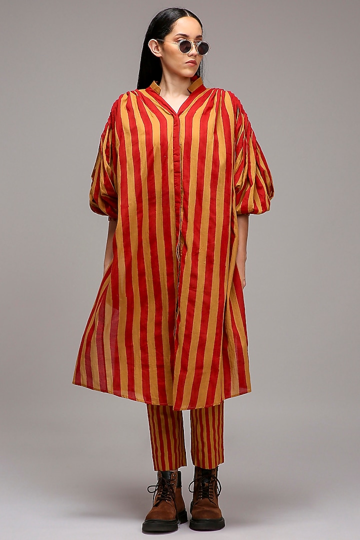 Tan Brown Handwoven Cotton Printed Tunic Set by Mati at Pernia's Pop Up Shop