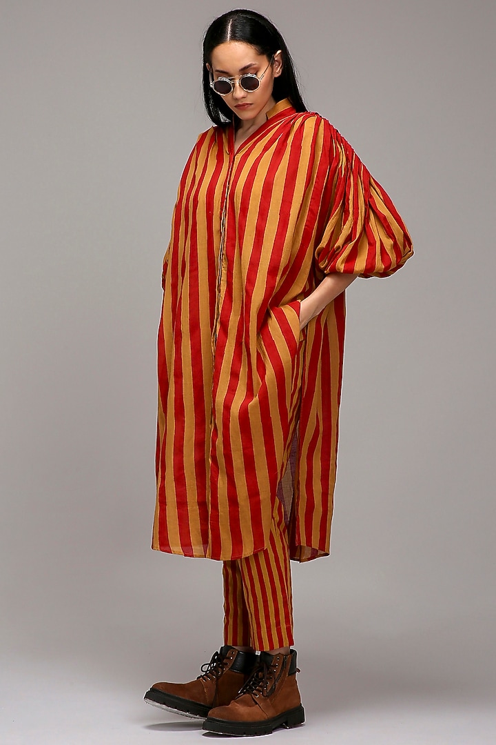 Tan Brown Handwoven Cotton Printed Tunic Set by Mati at Pernia's Pop Up Shop