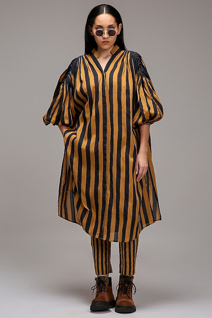 Tan Brown Handwoven Cotton Printed Tunic Set by Mati at Pernia's Pop Up Shop