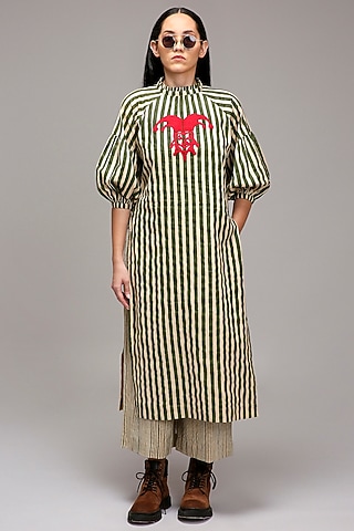 Off-White Handspun Cotton Embroidered & Printed Tunic by Mati