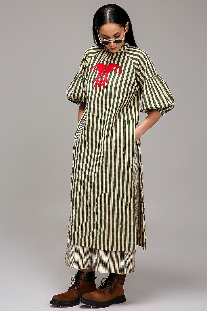 Off-White Handspun Cotton Embroidered & Printed Tunic by Mati at Pernia's Pop Up Shop